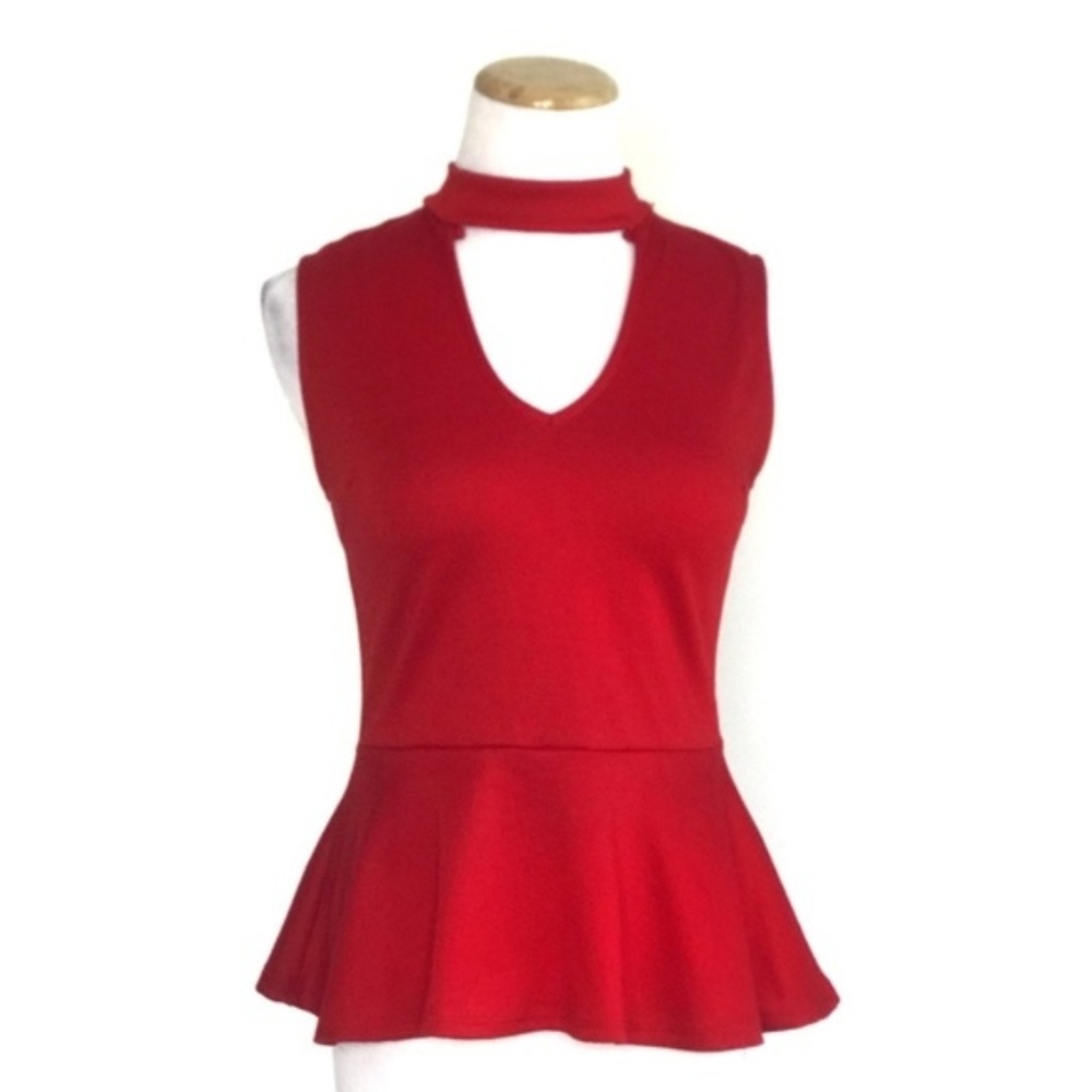 Red Choker Collar Peplum Tank Top